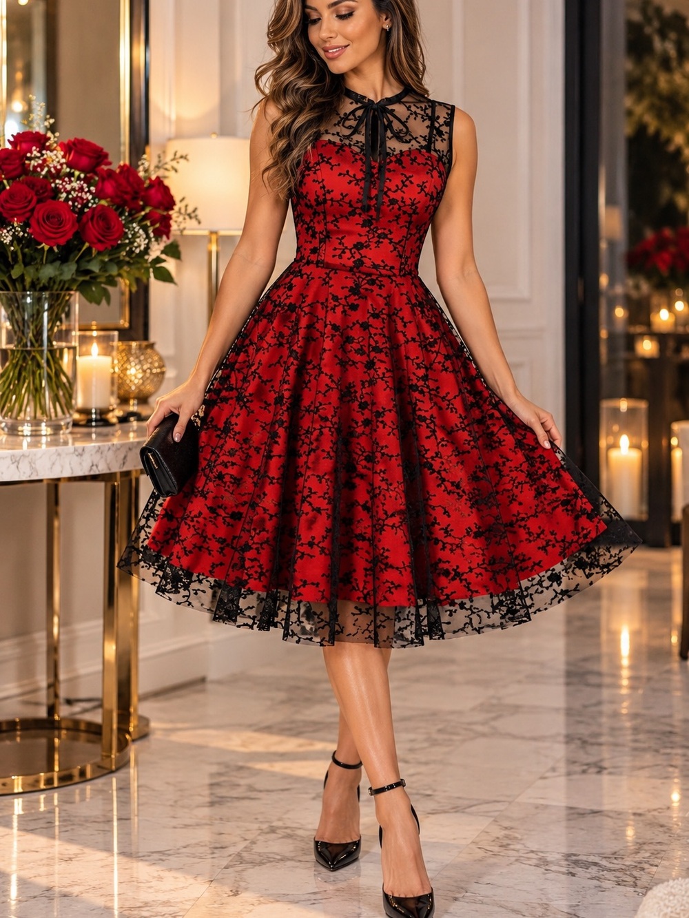 Women Mesh Floral Embroidery Vintage Cocktail Swing Dress